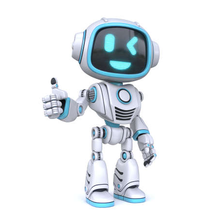 Cute blue robot giving thumbs up 3D rendering illustration isolated on white backgroundの写真素材