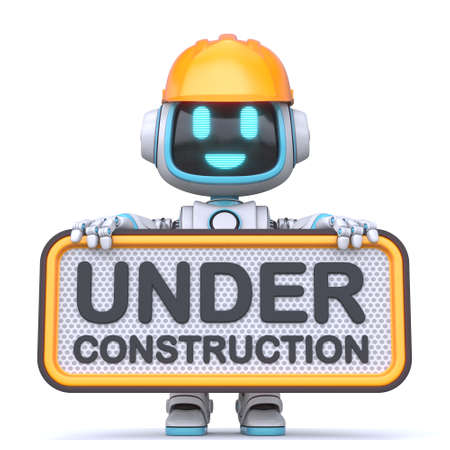 Cute blue robot hold under construction sign 3D rendering illustration isolated on white backgroundの写真素材