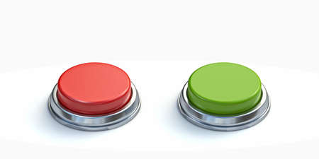 Red and green buttons made of metal and plastic 3D rendering illustration isolated on white backgroundの写真素材