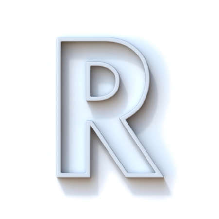 Grey extruded outlined font with shadow Letter R 3D rendering illustration isolated on white backgroundの写真素材