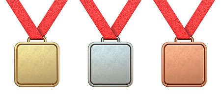 Golden, silver and bronze square medal collection 3D rendering illustration isolated on white backgroundの写真素材