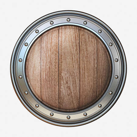 Circle wooden shield with steel frame 3D rendering illustration isolated on white backgroundの写真素材