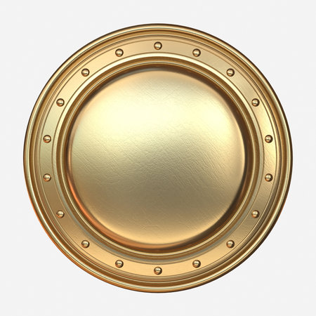 Golden circular shield 3D rendering illustration isolated on white backgroundの写真素材