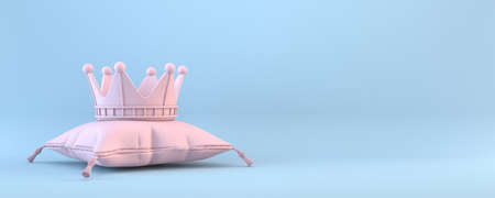 Pink crown on pillow 3D rendering illustration isolated on blue backgroundの写真素材