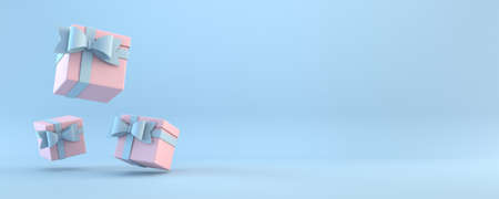 Three small pink gifts 3D rendering illustration isolated on blue backgroundの写真素材