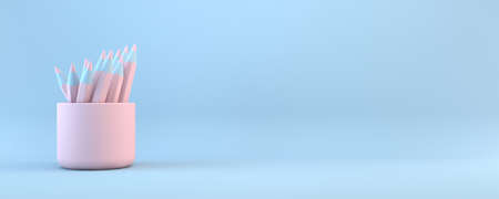 Pencils in holder 3D rendering illustration isolated on blue backgroundの写真素材