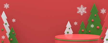 Product podium with Christmas trees and snowflakes 3D rendering illustration isolated on red backgroundの写真素材