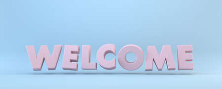 Pink WELCOME sign 3D rendering illustration isolated on blue backgroundの写真素材
