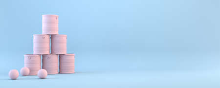 Tin cans and three balls 3D rendering illustration isolated on blue backgroundの写真素材