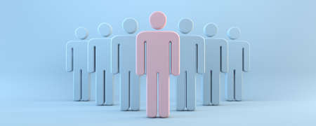 Pink person in front of blue crowd 3D rendering illustration isolated on blue backgroundの写真素材