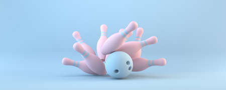 Bowling ball and scattered pins 3D rendering illustration isolated on blue backgroundの写真素材