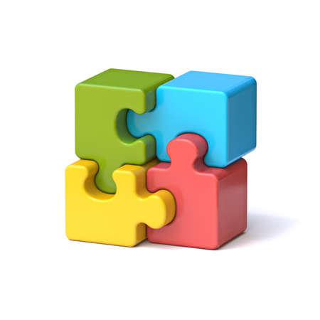 Four puzzle pieces standing 3D rendering illustration isolated on white backgroundの写真素材