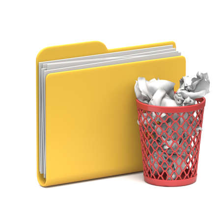 Yellow folder icon Full recycle bin 3D rendering illustration isolated on white backgroundの写真素材