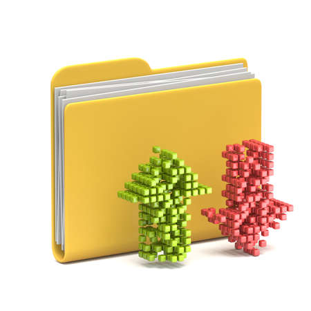 Yellow folder icon Upload and download arrow 3D rendering illustration isolated on white backgroundの写真素材