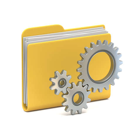 Yellow folder icon with steel gear wheels 3D rendering illustration isolated on white backgroundの写真素材