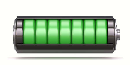 Battery charging concept Full charged battery 3D rendering illustration isolated on white backgroundの写真素材