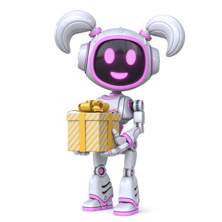 Cute pink girl robot holding small gift box 3D rendering illustration isolated on white backgroundの写真素材