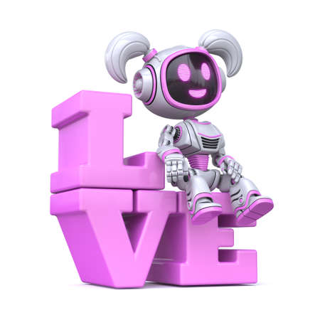 Cute pink girl robot sitting on LOVE word 3D rendering illustration isolated on white backgroundの写真素材