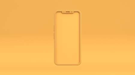 Smartphone blank yellow display 3D rendering illustration isolated on yellow backgroundの写真素材