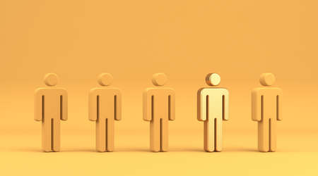 One different golden man among others 3D rendering illustration isolated on yellow backgroundの写真素材