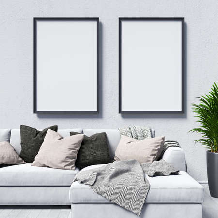 Mock up poster frames with corner sofa and pillows in modern interior background 3D render 3D...