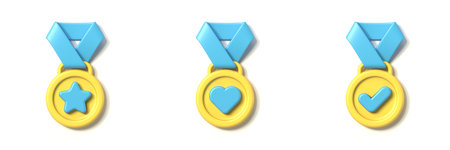 Star, heart and check mark medal icon 3D rendering illustration isolated on white backgroundの写真素材