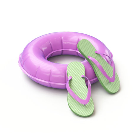 Purple float ring and slippers 3D rendering illustration isolated on white backgroundの写真素材