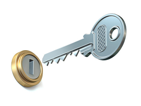 Key and keyhole 3D rendering illustration isolated on white backgroundの写真素材