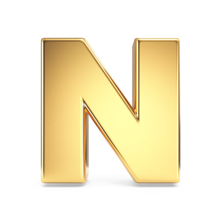 Simple gold font Letter N 3D rendering illustration isolated on white backgroundの写真素材