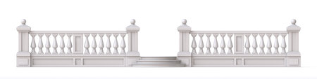 White stone fence with gate and stairs 3D rendering illustration isolated on white background