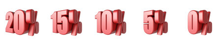 20. 15. 10, 5, 0 Red percent signs 3D rendering illustration isolated on white backgroundの写真素材