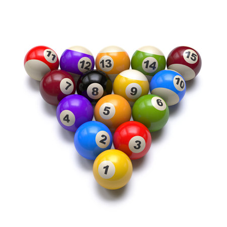 Pool balls starting position 3D rendering illustration isolated on white background