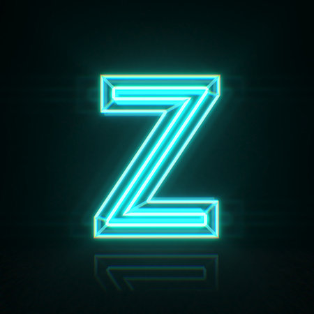 Cyan blue neon wire font Letter Z 3D rendering illustration isolated on black backgroundの写真素材