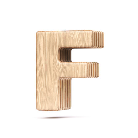 Plywood font Letter F 3D rendering illustration isolated on white backgroundの写真素材