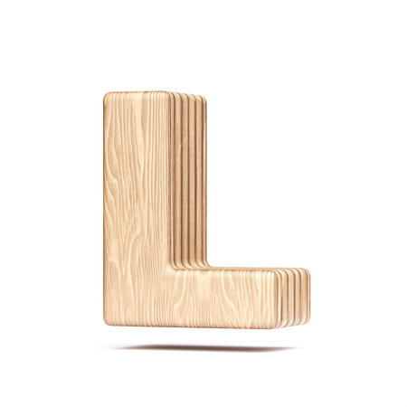 Plywood font Letter L 3D rendering illustration isolated on white backgroundの写真素材