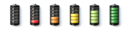 Set of battery charge indicators with charge levels 3D rendering illustration isolated on white backgroundの写真素材