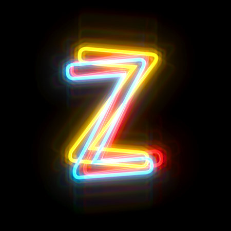 Three colors neon font Letter Z 3D rendering illustration isolated on black backgroundの写真素材
