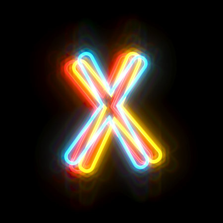 Three colors neon font Letter X 3D rendering illustration isolated on black backgroundの写真素材