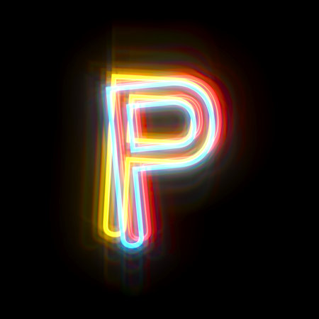 Three colors neon font Letter P 3D rendering illustration isolated on black backgroundの写真素材