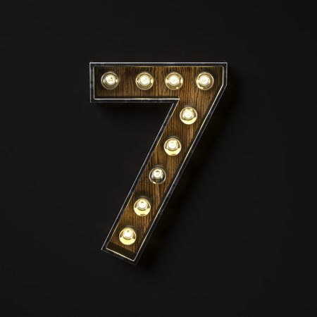 Light bulb glowing Number 7 SEVEN 3D rendering illustration isolated on black backgroundの写真素材