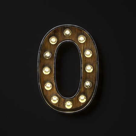 Light bulb glowing Number 0 ZERO 3D rendering illustration isolated on black backgroundの写真素材