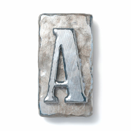 Aged metal letterpress Letter A 3D rendering illustration isolated on white backgroundの写真素材