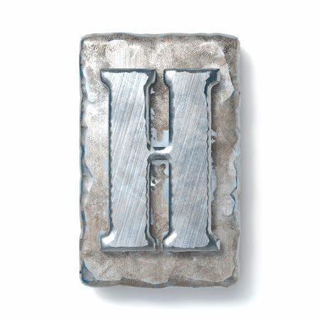Aged metal letterpress Letter H 3D rendering illustration isolated on white backgroundの写真素材