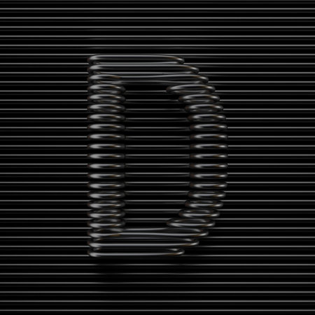 Black wire font Letter D 3D rendering illustration on black striped backgroundの写真素材