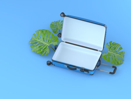 Blue opened empty suitcase with floral decorations 3D rendering illustration isolated on blue backgroundの写真素材
