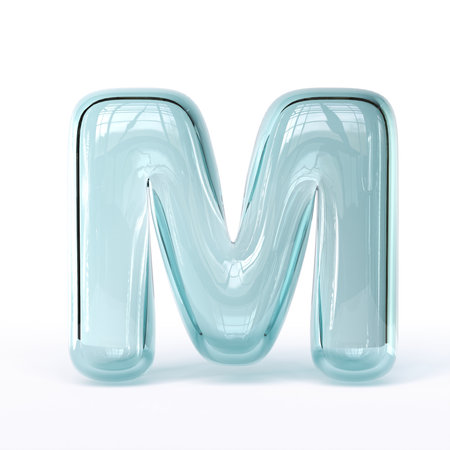 Blue glass font Letter M 3D rendering illustration isolated on white backgroundの写真素材