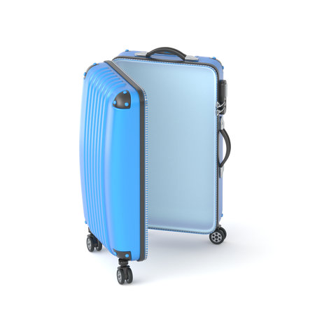 Blue opened empty suitcase Standing 3D rendering illustration isolated on white backgroundの写真素材