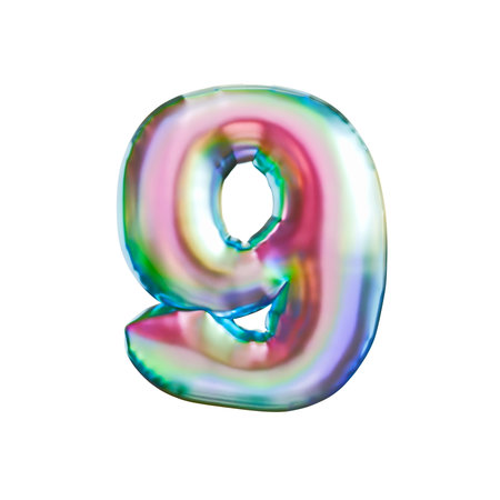 Tricolor gradient holographic metal font Number 9 NINE 3D rendering illustration isolated on white backgroundの写真素材