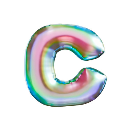 Tricolor gradient holographic metal font Letter C 3D rendering illustration isolated on white backgroundの写真素材