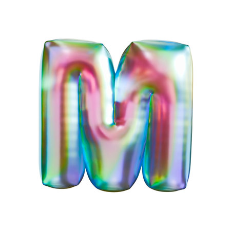 Tricolor gradient holographic metal font Letter M 3D rendering illustration isolated on white backgroundの写真素材